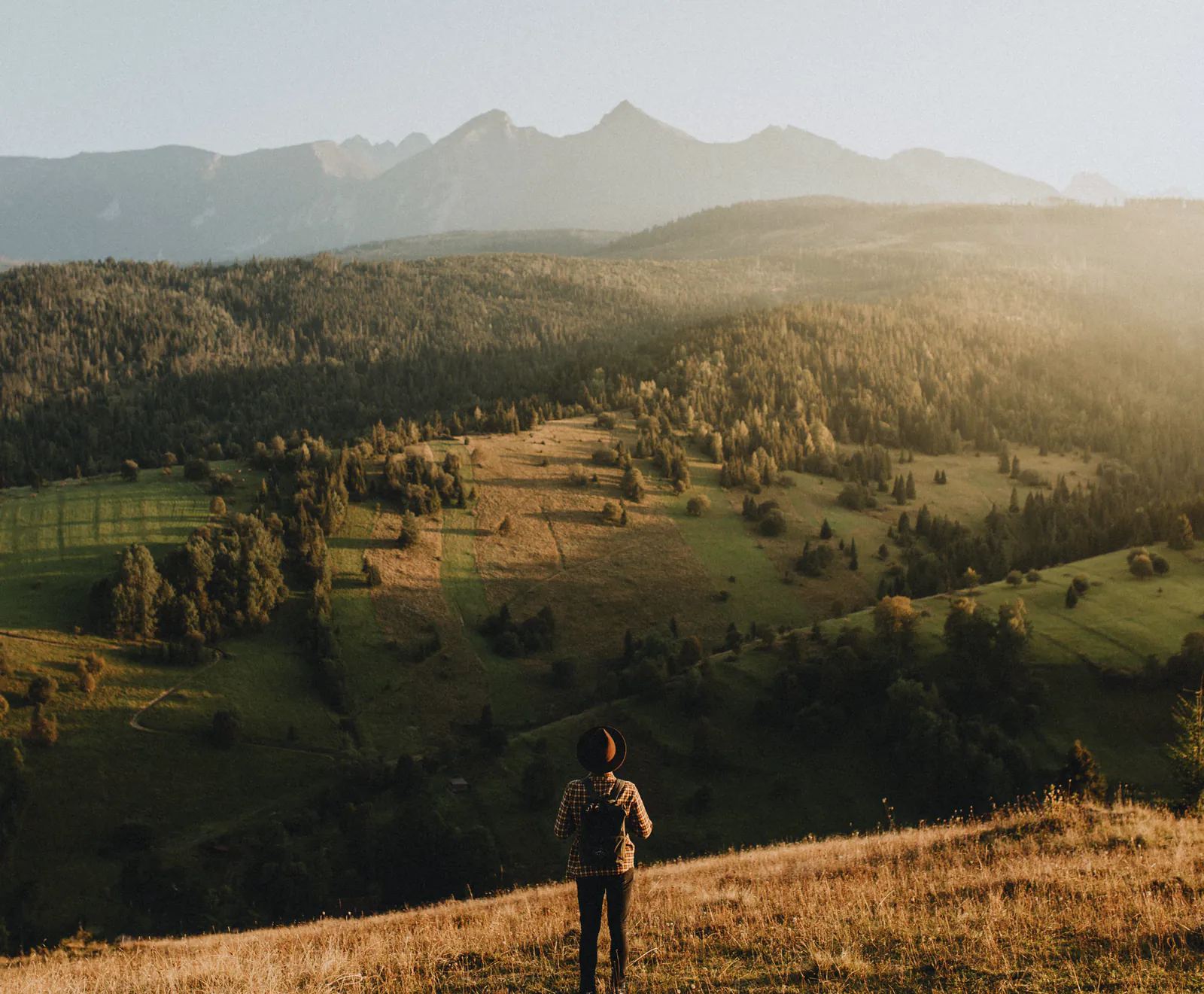 A hiker looking out over the Slovak countryside towards the Tatra mountains