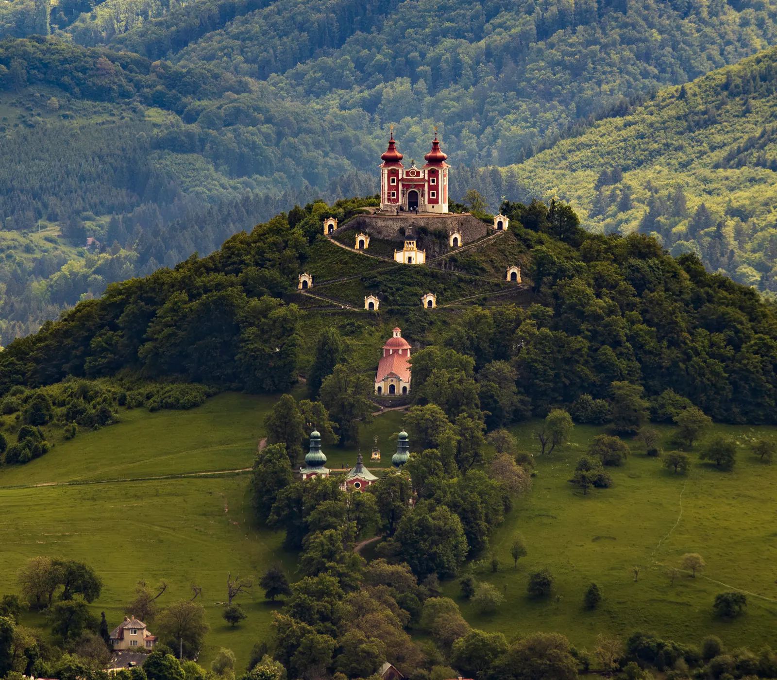 The baroque calvary above Banská Štiavnica, set on a wooded hill